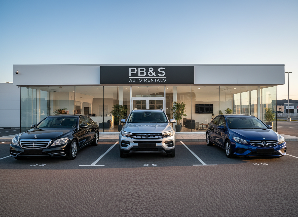 A lineup of premium rental cars, including a glossy black luxury sedan, a metallic silver SUV, and a deep blue compact, parked in a perfectly clean, well-marked lot directly in front of a modern glass-front PB&S Auto Rentals building. The polished vehicles reflect soft late-afternoon sunlight, creating crisp highlights along the curves and chrome details. The building has a sleek, minimal logo sign and large windows revealing a tidy interior. Shot at eye level with photographic realism and sharp focus throughout, the composition uses the rule of thirds, conveying professionalism, reliability, and an inviting, upscale car rental experience.